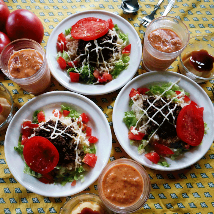 bkf = taco rice, carrot crambery smoothie and flan