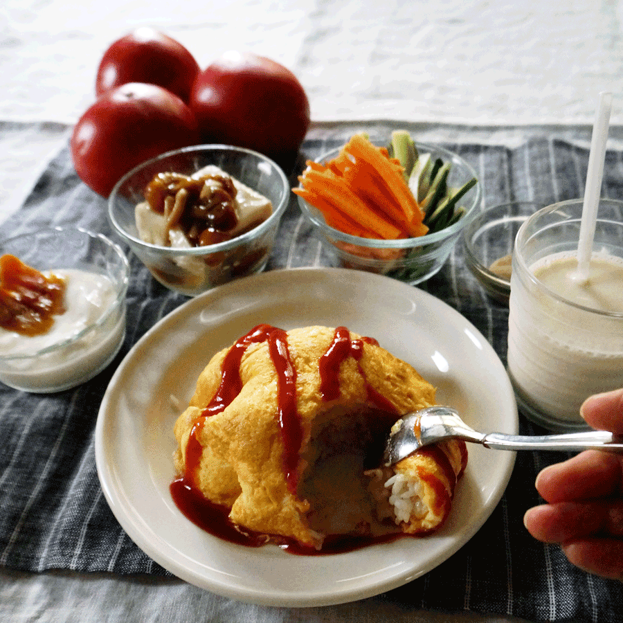 朝ごはん = オムライス、豆腐なめこ、ニンジンきゅうり　サラダ、ヨーグルト　ドライマンゴートッピング　豆乳「1食分の1日必要量に対するグラフを表示」→　・カロリー　・三大栄養素　・PFCバランス　・ビタミン　・ミネラル