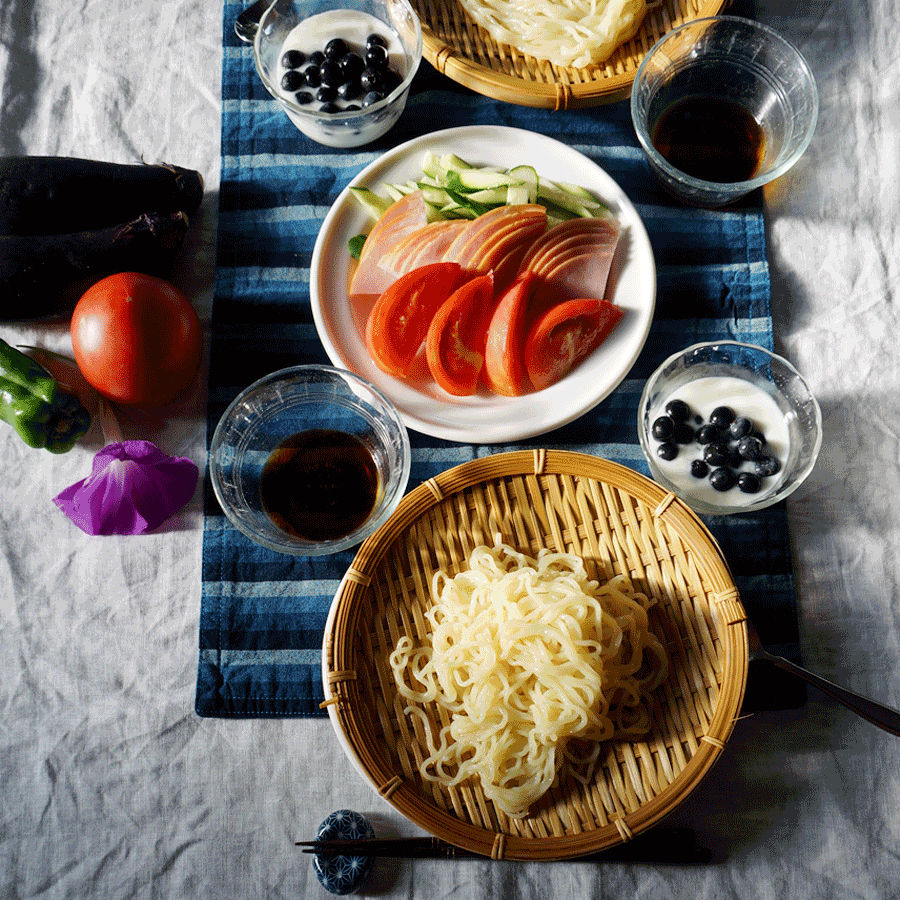 朝ごはん = 冷やし中華、ヨーグルト　ブルーベリー　トッピング　「1食分の1日必要量に対するグラフを表示」→　・カロリー　・三大栄養素　・PFCバランス　・ビタミン　・ミネラル　・アミノ酸グラフ