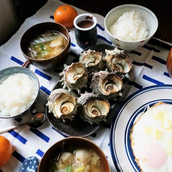 朝ごはん = さざえ　つぼ焼き、ごはん、目玉焼き、子芋　白菜　ねぎ　おみそ汁「1食分の1日必要量に対するグラフを表示」→　・カロリー　・三大栄養素　・PFCバランス　・ビタミン　・ミネラル　・アミノ酸グラフ