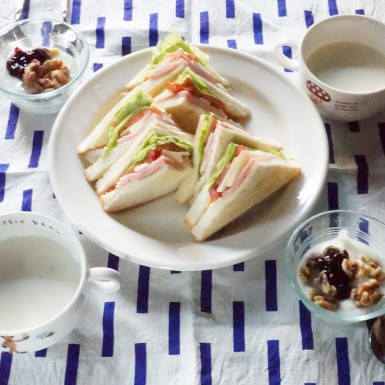 朝ごはん = ハム　LT　チーズサンドイッチ、ポテトポタージュスープ、ヨーグルト　ブルーベリージャム　くるみ　トッピング　「1食分の1日必要量に対するグラフを表示」→　・カロリー　・三大栄養素　・PFCバランス　・ビタミン　・ミネラル　含有量グラフ