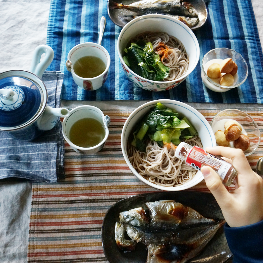朝ごはん = そば　こまつ菜トッピング、あじ開き、ヨーグルト　鈴カステラ　トッピング、緑茶　「1食分の1日必要量に対するグラフを表示」→　・カロリー　・三大栄養素　・PFCバランス　・ビタミン　・ミネラル　含有量グラフ