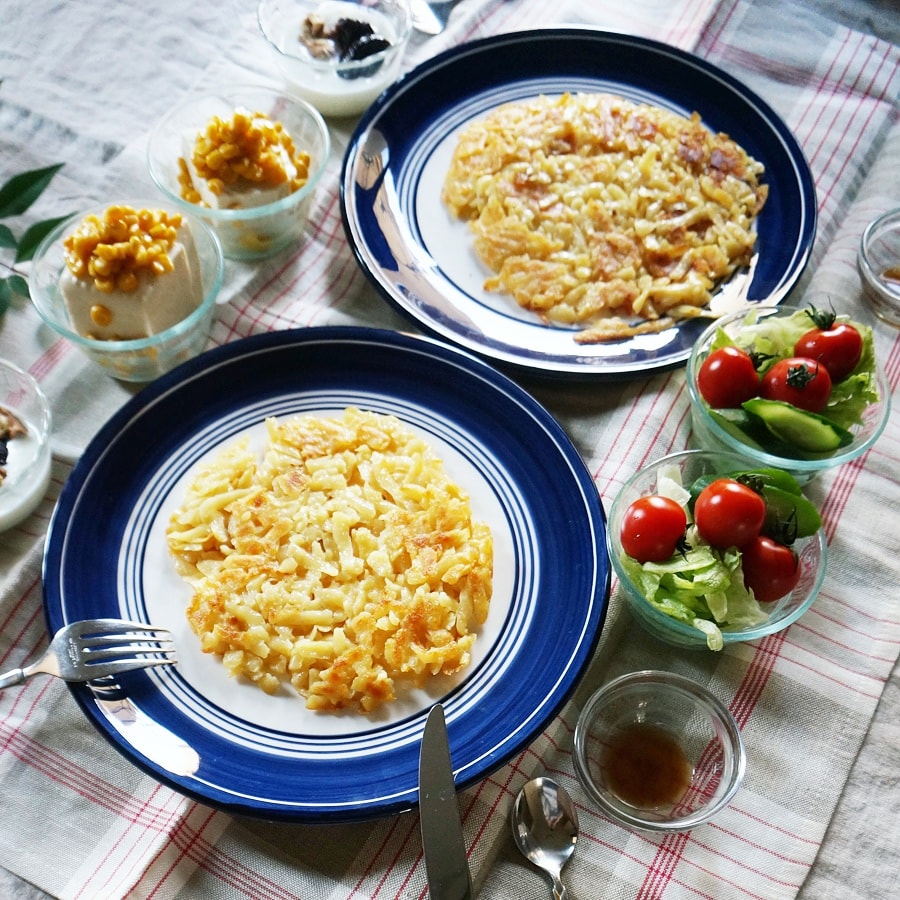 朝ごはん = ロスティ、グリーンサラダ、冷ややっこ　スイートコーントッピング、ヨーグルト　プルーン　くるみトッピング　「1食分の1日必要量に対するグラフを表示」→　・カロリー　・三大栄養素　・PFCバランス　・ビタミン　・ミネラル　含有量グラフ