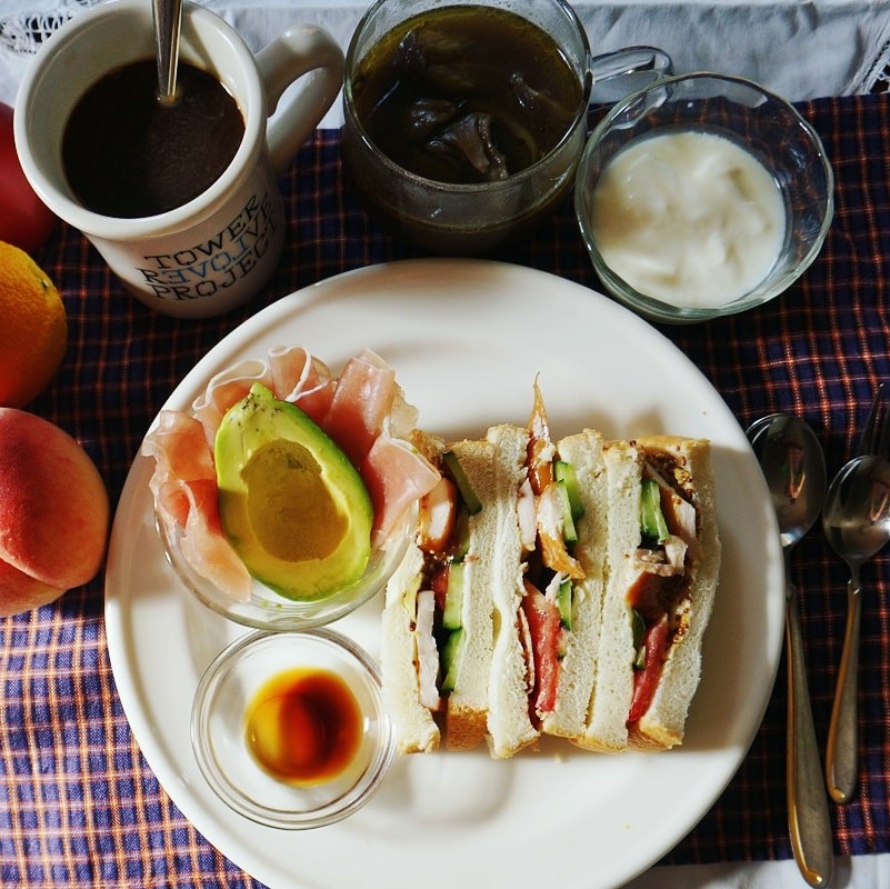 朝ごはん = スモークチキンサンドイッチ、アボカドプロシュート、カレースープ、ヨーグルト、コーヒー　「1食分の1日必要量に対するグラフを表示」→　・カロリー　・三大栄養素　・PFCバランス　・ビタミン　・ミネラル　含有量グラフ