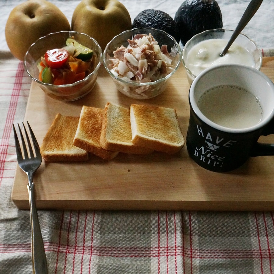 朝ごはん = トースト、ツナ　みょうが　サラダ、根菜しめじ　おみそ汁、ヨーグルト、豆乳コーヒー　「1食分の1日必要量に対するグラフを表示」→　・カロリー　・三大栄養素　・PFCバランス　・ビタミン　・ミネラル　含有量グラフ